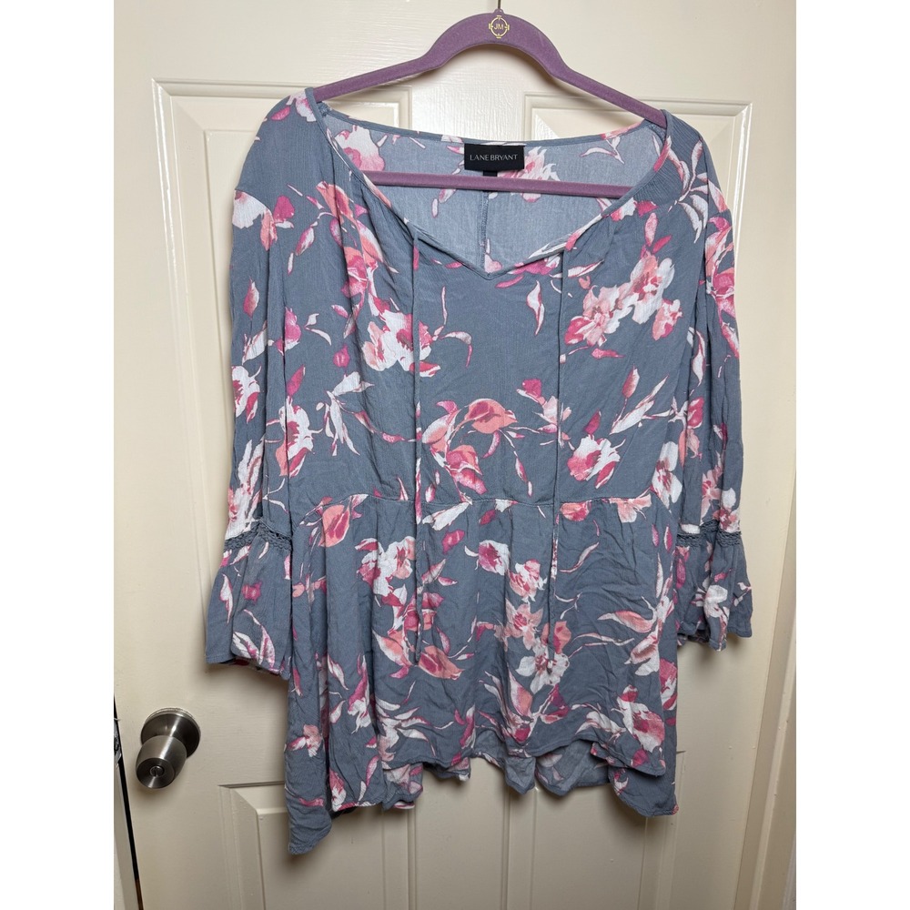 Lane Bryant Blue Pink Floral Rayon Peplum Blouse Bell Sleeve Lace Trim 22/24